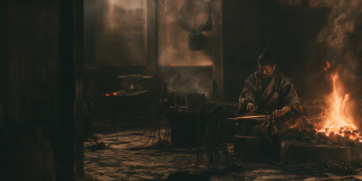 Herrero japonés forjando una hoja junto al fuego en un taller tradicional