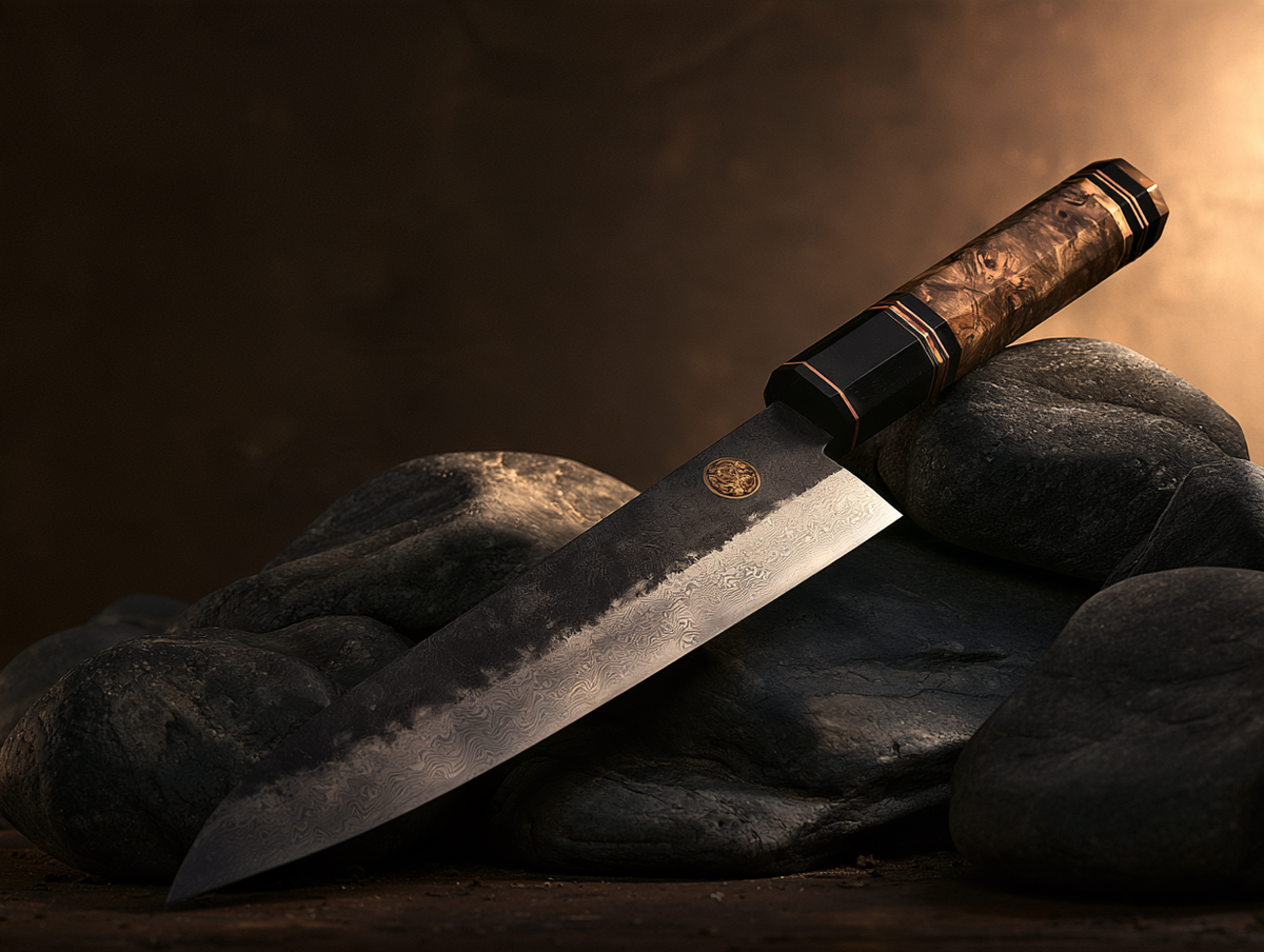 Cuchillo japonés de la serie Ryu con mango ornamentado y emblema dorado, sobre piedras oscuras