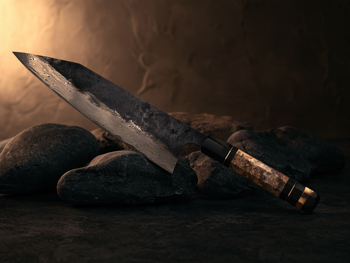 Cuchillo japonés de la serie Samurai con mango de madera veteada, sobre piedras oscuras