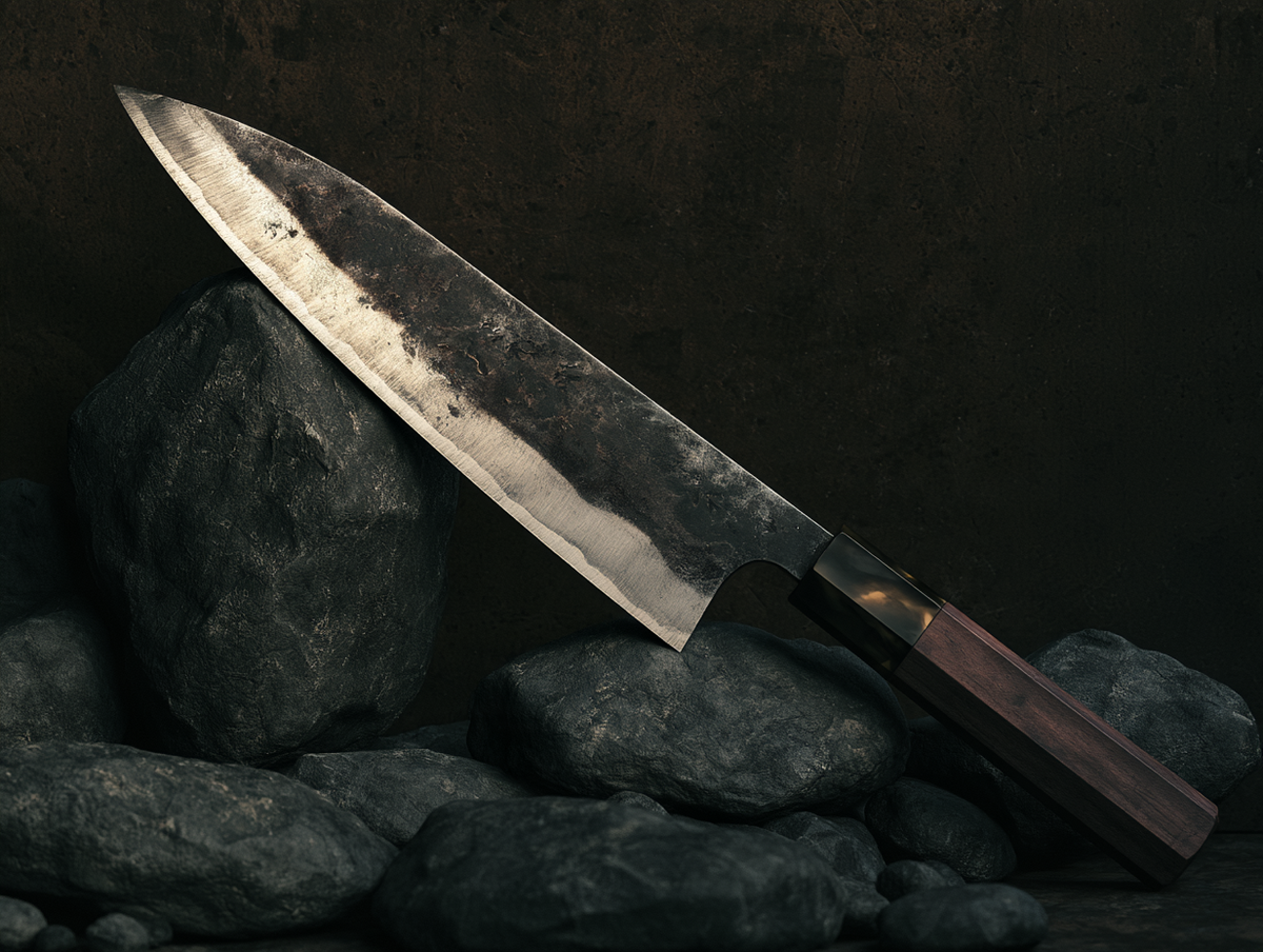 Cuchillo japonés de la serie Senshi con mango de madera, recargado en piedras oscuras